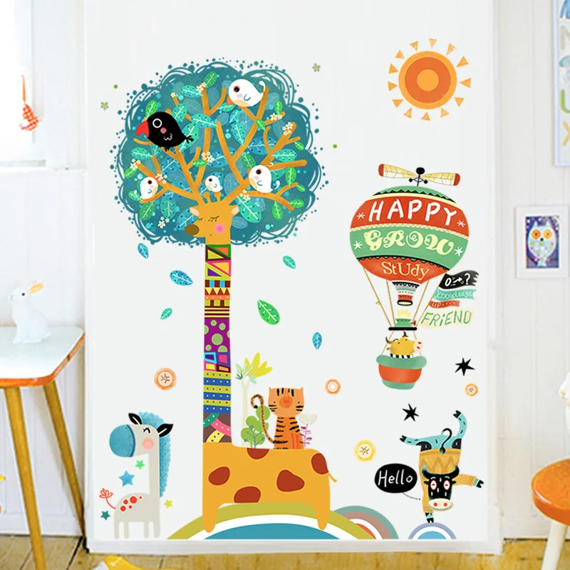 Животные, дерево, настенные наклейки для детской комнаты, птица, жираф, Детская Наклейка на стену, декор для детской комнаты