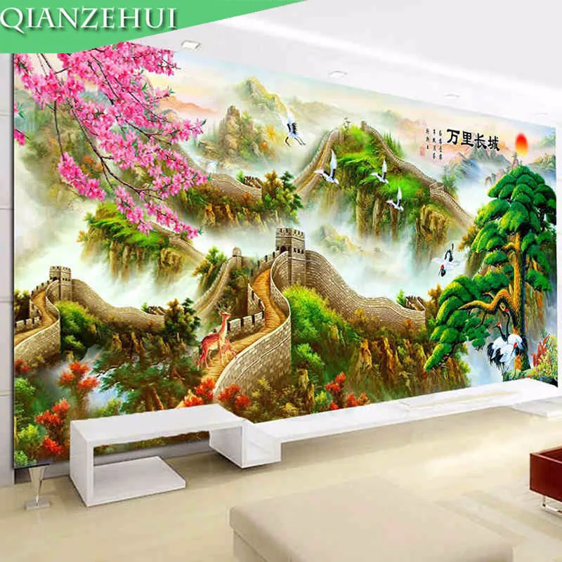 

QIANZEHUI,Needlework,DIY printing Landscape painting Cross stitch,Pine and Great Wall, For Embroidery kits Cross-Stitch