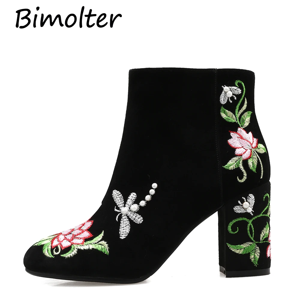 Bimolter/женские ботинки; замшевые кожаные ботильоны; короткие ботинки с вышитыми цветами; botas Mujer; обувь на высоком квадратном каблуке; обувь на массивном каблуке; NB139
