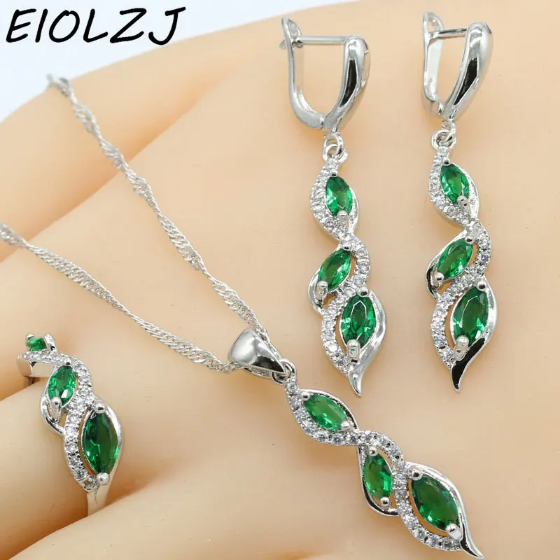

925 Sterling Silver Jewelry Sets For Women Green Synthesis CZ Fashion Earring Sets Necklace Choker Ring Dangle Earrings Bracelet