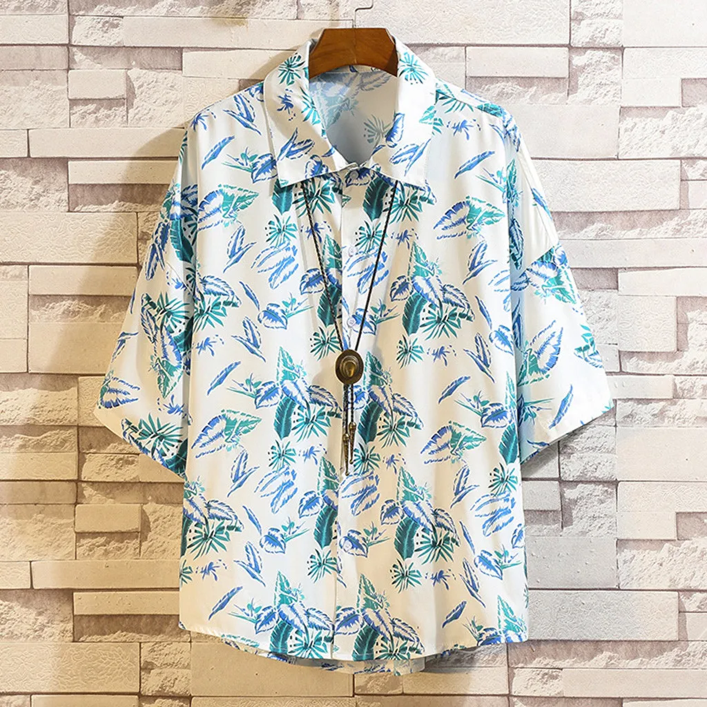 Летняя Пляжная рубашка Мужская Летняя Повседневная Гавайская стильная Свободная рубашка с короткими рукавами и принтом топы блузка# D