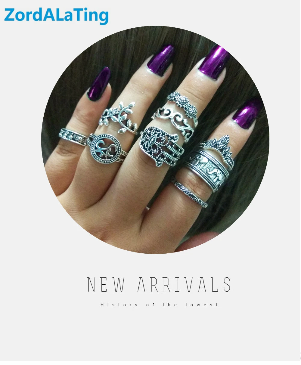 

alloy silver boho rings for women Vintage hollowed-out carved elephant palm leaf style set 9 rings bijoux wholesale special off