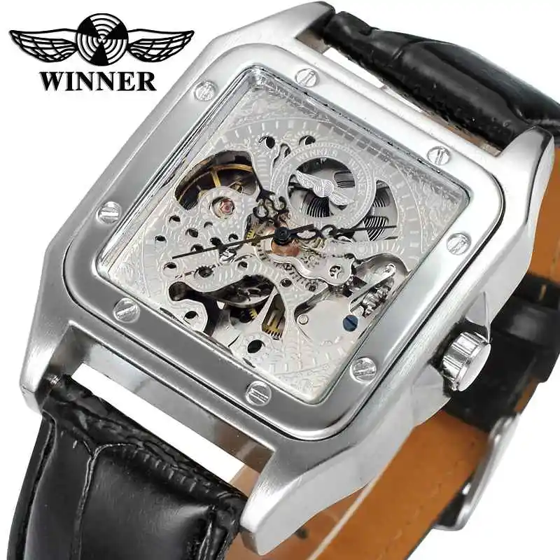 

WINNER Latest Men Automatic Mechanical Watch Black Leather Strap Skeleton Dial Silver Tonneau Case Creative Design Wristwatch