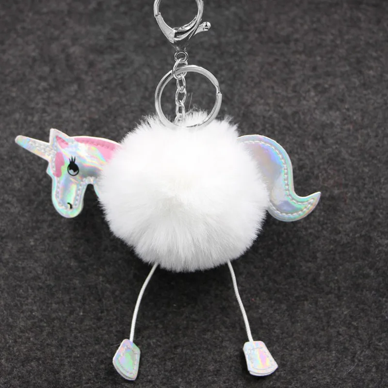 

Cute Fluffy Fur Pompon Unicorn Keychain For Women Faux Rabbit Fur Ball Pom Pom Horse Key Chains Female Bag Charms Trinket Gift