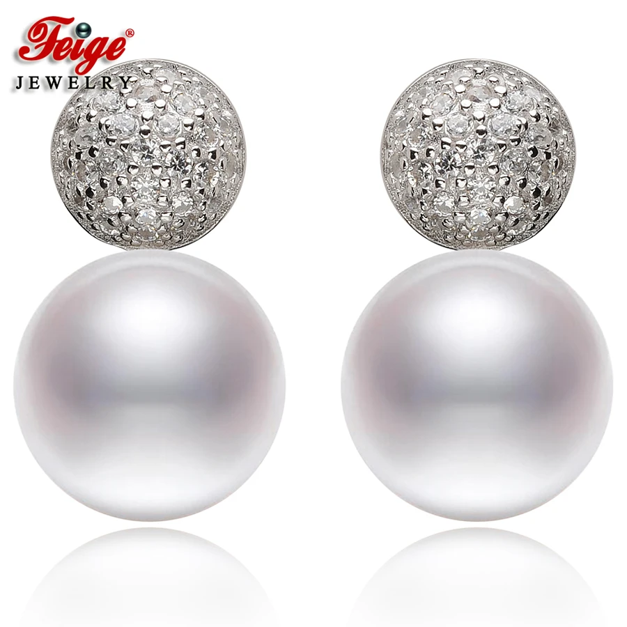 

FEIGE New Arrival 9-10mm Natural Freshwater Cultured Pearls Stud Earring for Women 925 Sterling Silver Earrings Bride Jewelry