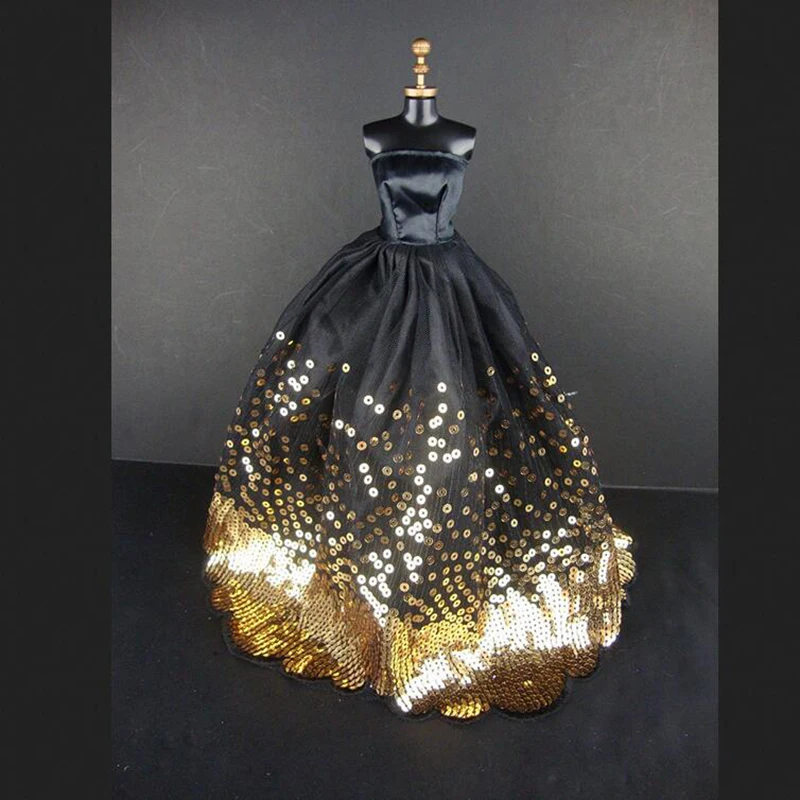 Элегантное черное платье с большим количеством золотых пайеток, изготовлено для куклы, отличный подарок для детей, платье для куклы на день рождения