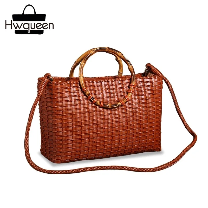 

Hand Knitted Designer Genuine Leather Bamboo Joint Handle Female Totes Vintage Women's Handbag Cowskin Lady Large Shoulder Bag