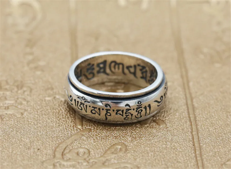 Панк тибетские буквы вращающийся Спиннер кольца для мужчин твердые 925 пробы серебро Ом Мани Падме Хум буддизм удача ювелирные изделия для мужчин s Band