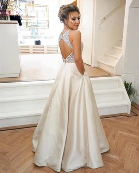 

Rhombus Back Prom Dress O-neck Sleeveless Beading Sequined Top Floor Length With Pockets A-line Satin Backless Evening Dress