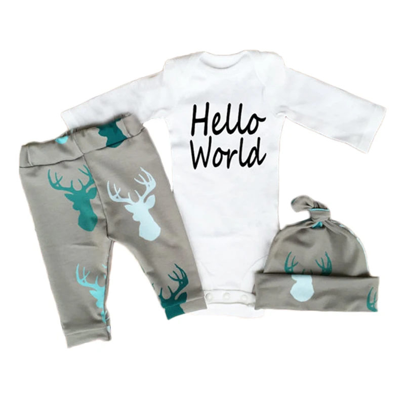 

Letters 3pcs Baby Boy Clothing Sets Hello World Wlk Infant Bebe Suit Long Sleeve Romper Roupas+Pants Trousers+Hat Outfits Xmas