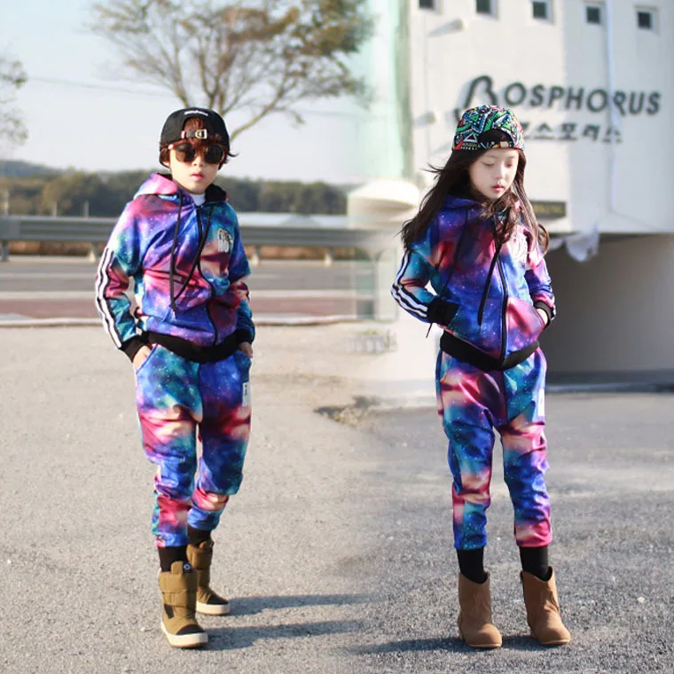 

2016 New Spring children's clothing set boys & girls Purple Print Costume kids sport suits Hip Hop harem pants & sweatshirt