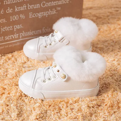 Ботинки для девочек; водонепроницаемые зимние детские ботинки для девочек; теплые плюшевые ботинки с мягкой подошвой для маленьких девочек; кожаные зимние ботинки - Цвет: Белый