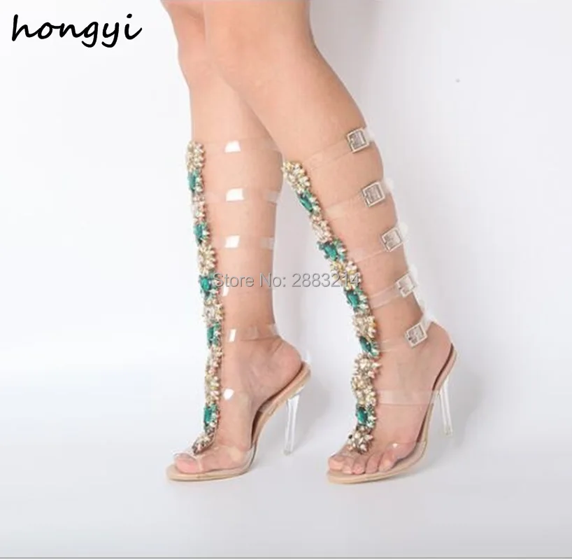 Женские сапоги до колена Bling Стразы на тонком каблуке шпильке женские летние
