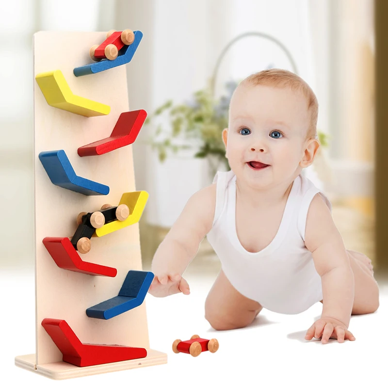 

Wooden Demountable Slider Car 9 Zigzag Ladder Small Pulley Building Block Racing Wooden Cars Click Clack Track Drop Glide Toy