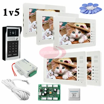 

1v5 Apartments 7" Color TFT LCD Monitor Video Door Phones Intercom Doorbell Night Vision With Inductive Card/Password Unlock