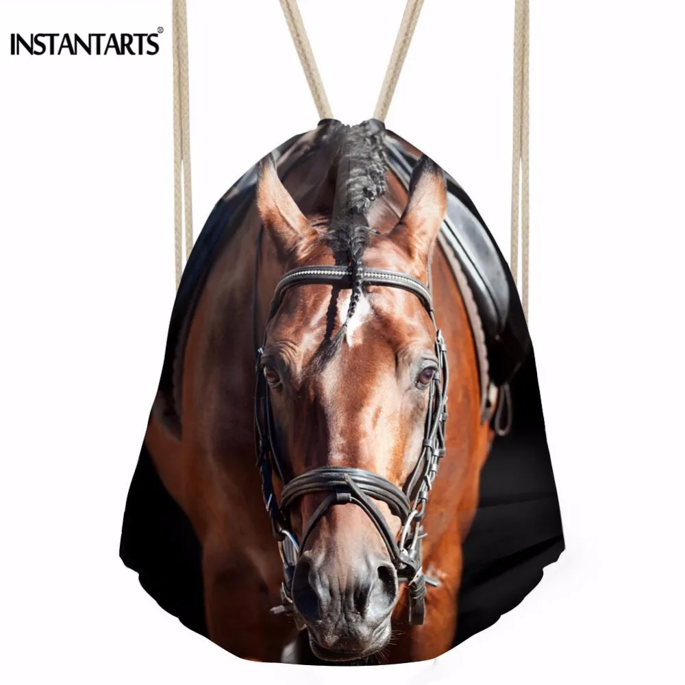 

INSTANTARTS Brand Design Hot Sale Crazy Horse Print Men Women Drawstring Bag Gym Sack Beach Softback Student Backpack Cinch Sack