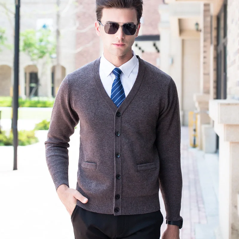 Толстый кардиган, Высококачественная Мужская брендовая одежда, дизайнерский Высококачественный свитер из шерсти, мужской шерстяной кардиган - Цвет: Brown