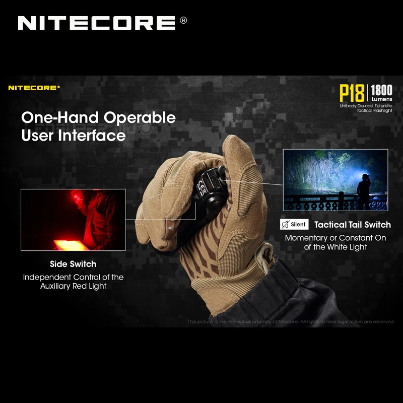  1800 Lumens Nitecore P18 Unibody Die-case Futuristic CREE XHP35 HD LED Tactical Flashlight with Aux - 33007953387