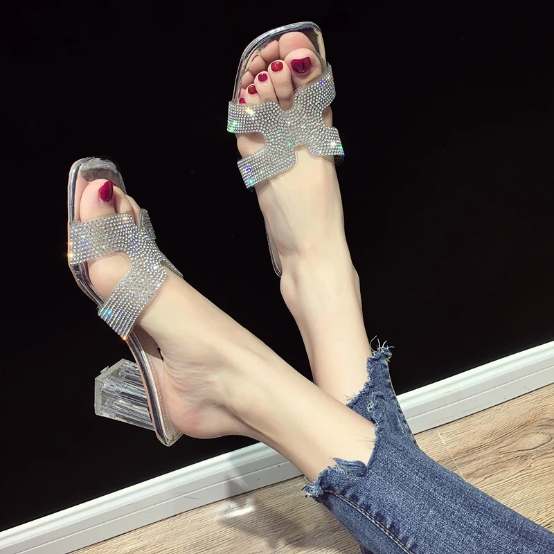 

Women's Shoes Slippers Outside the New Summer Diamond Brilliant Toe-Showing Crystal heel High-heeled Shoes of 2019