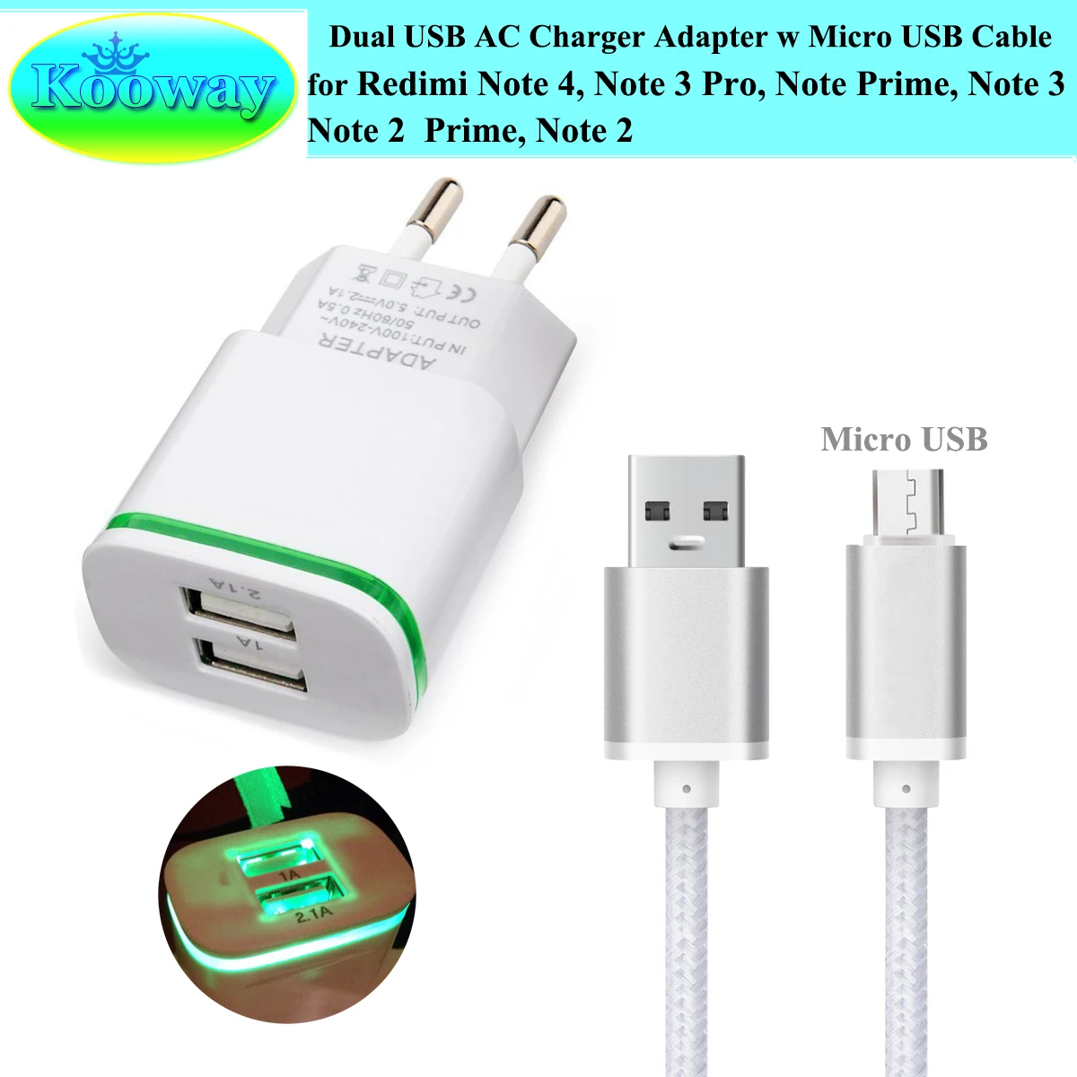 Dual USB EU Plug Wall Charger Adapter + 3FT Micro USB Cable for Xiaomi