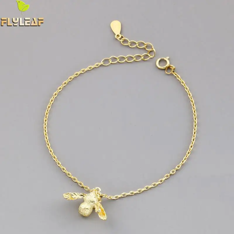 

100% 925 Sterling Silver Gold Color Bee Charm Bracelets & Bangles For Women Flyleaf Lady Fashion Jewelry