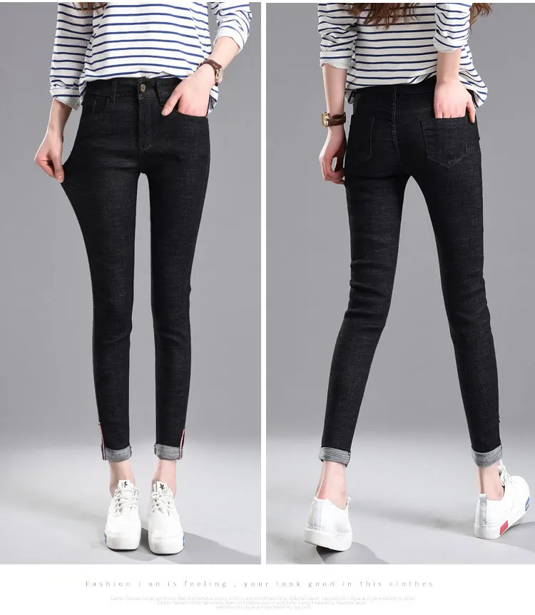 Зауженные джинсы для Для женщин Тощий Середина талии манжеты лодыжки-Длина Брюки для девочек женские джинсовые узкие брюки стрейч талии
