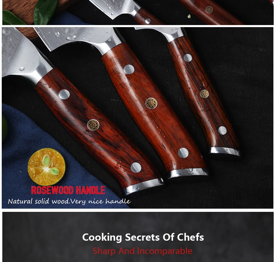 FANGZUO 67 слоев дамасской стали нож шеф-повара японские кухонные ножи с ручкой из розового дерева, набор кухонных ножей для нарезки овощей
