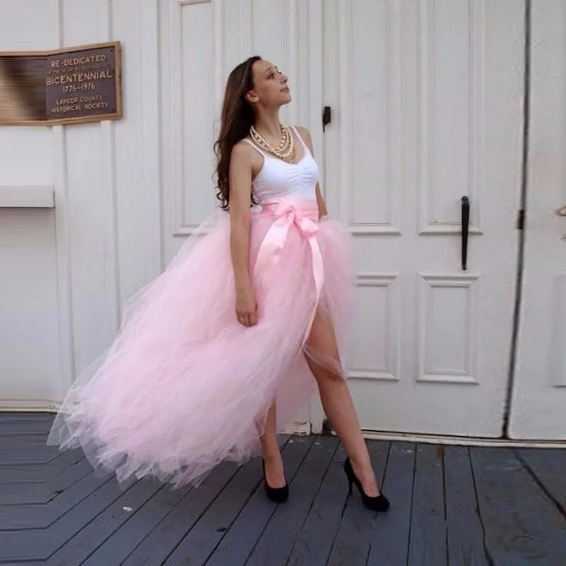 Pink 2017 New Trendy Pink Sexy Tutu Skirt For Women With Ribbon Sash Side Split Tulle Skirts Custom Made Maxi Skirt Plus Size