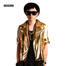 Индивидуальные сделать сценические костюмы золото полые Половина рукава мужское кожаное пальто для мужчин ночных клубов хип-хоп панк мода шоу куртка