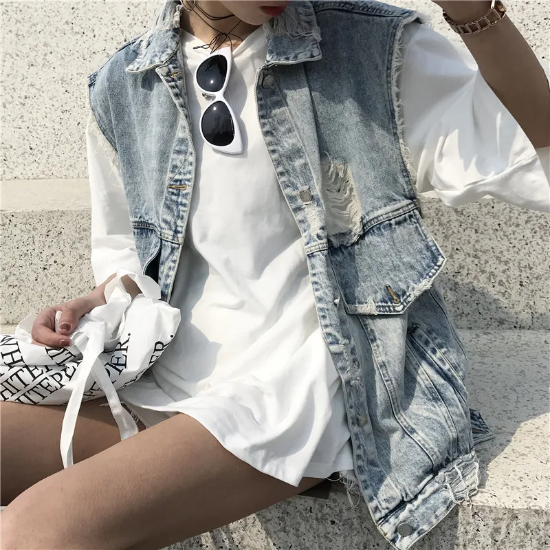 Women 2019 Spring Washed Big Hole Fringed Distressed Denim Vest Waistcoat Female Vest for Women Ssleeveless Jacket 3021