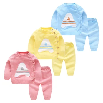 

Solid Baby Sweater Set Toddler Kids Boys Girls Cardigan Pants Two-Piece Set Knitted Cotton Breathable Children Clothing Thick
