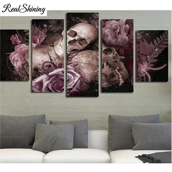 

REALSHINING 5pcs,Diy Diamond Painting Skull Head Rose 5D Cross Stitch Square Full Diy Resin Diamond Embroidery flowers FS1168