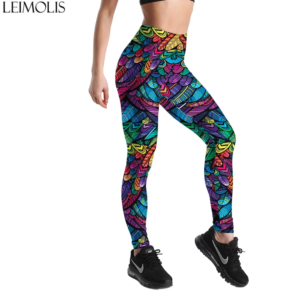 

LEIMOLIS 3D printed Colored feathers harajuku gothic sexy plus size high waist push up fitness workout leggings women pants