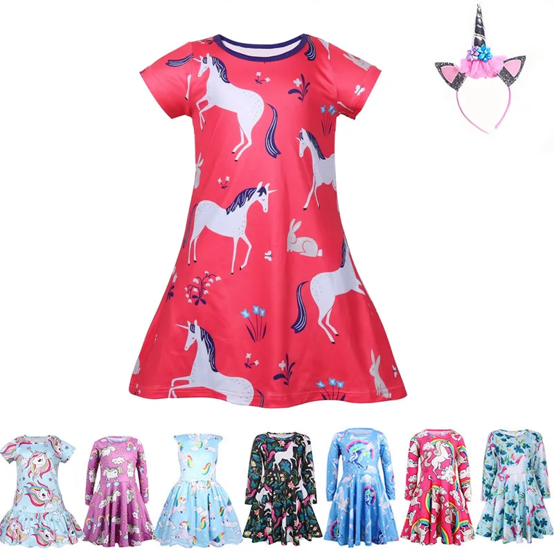 Платье с принтом радуги и единорога для девочек; детское праздничное платье принцессы для дня рождения; Карнавальный костюм для малышей; Шелковая летняя повседневная одежда для девочек