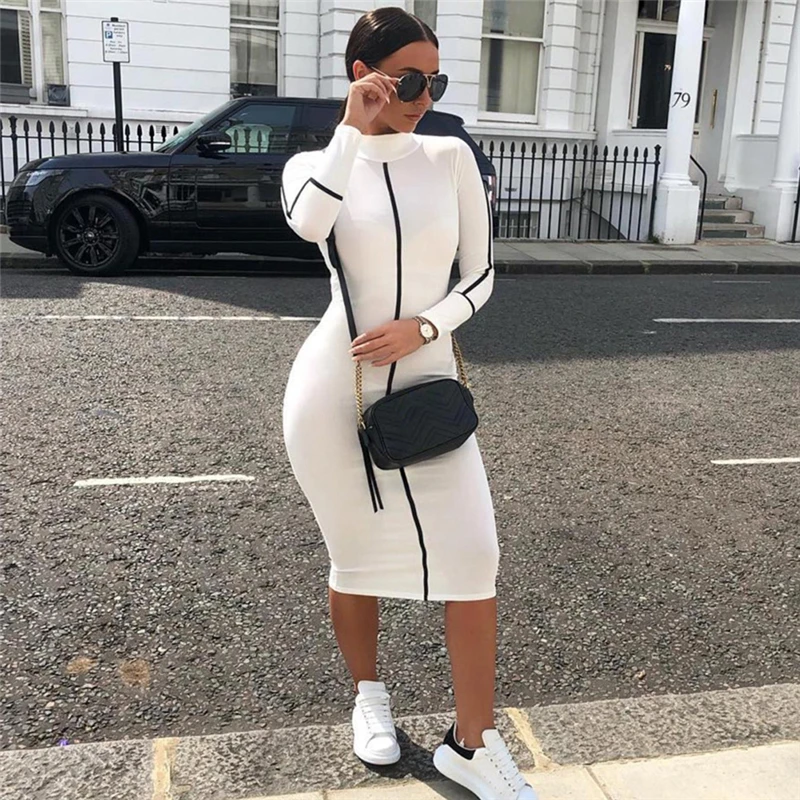 

New Fashion Women's O Neck Long Sleeve Dress Striped Midi Dress Ladies Sexy Slim Dress Evening Club Party Wear Summer