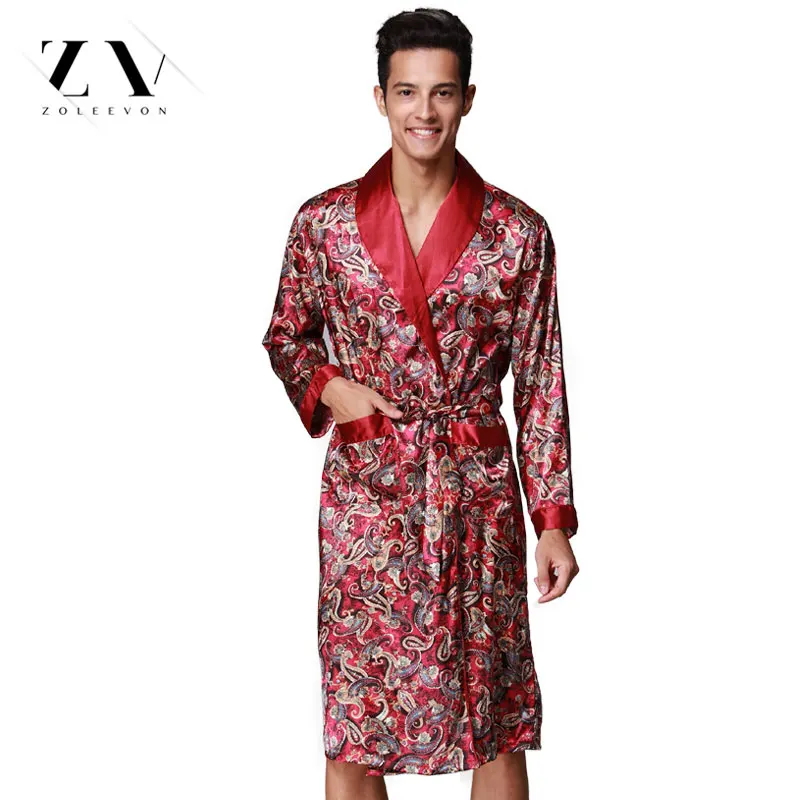 Летний халат для мужчин, шелковые халаты с принтом, Мужская атласная пижама, атласная пижама, длинное кимоно, мужской Халат - Цвет: 020-red