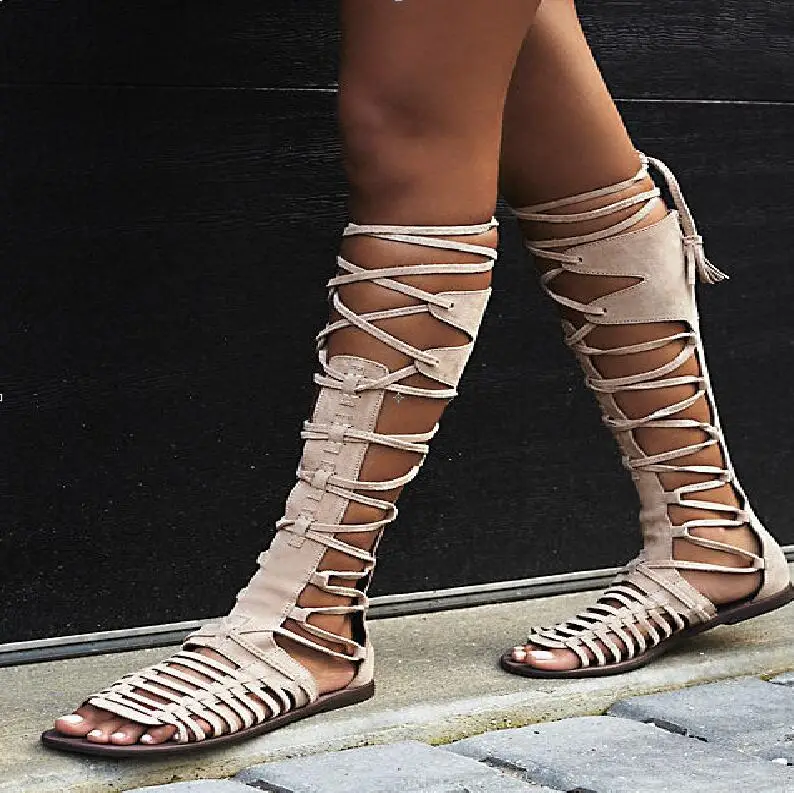 

2018 New Hot Fashion Sweet Apricot /Gray Flock Mid-Calf Shoes Zip Peep Toe Women's Sandals Flat With Fringe Women's Boots