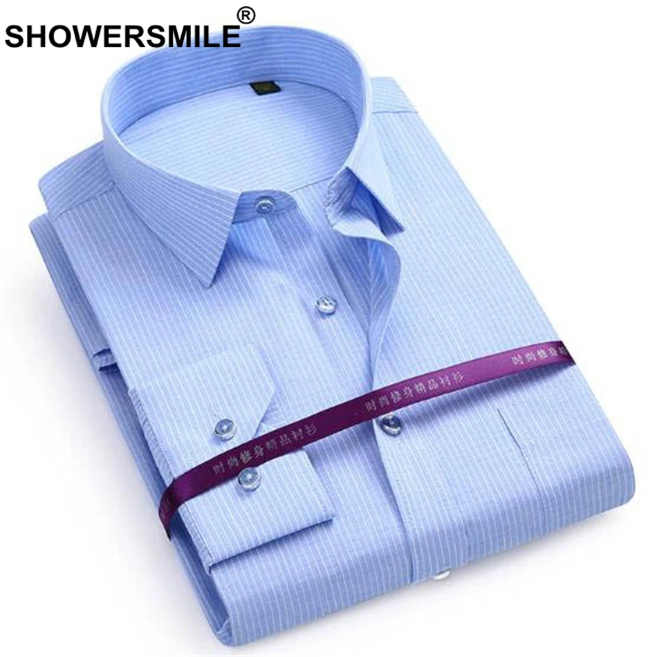 

SHOWERSMILE Brand Stripe Shirt Men Grey Cotton Smart Casual Shirt Male Formal Wear Long Sleeve Business Social Shirt Fashion New