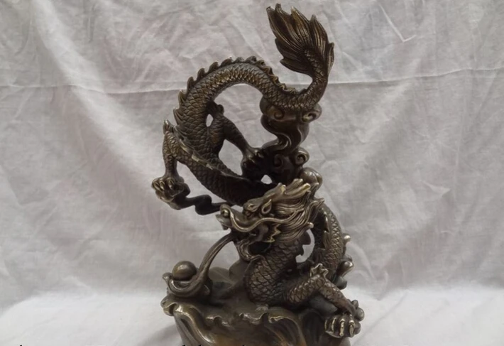 

S3810 12" Chinese Bronze Copper Decoration Palace Year Zodiac Fly Dragon Ball Statue D0317