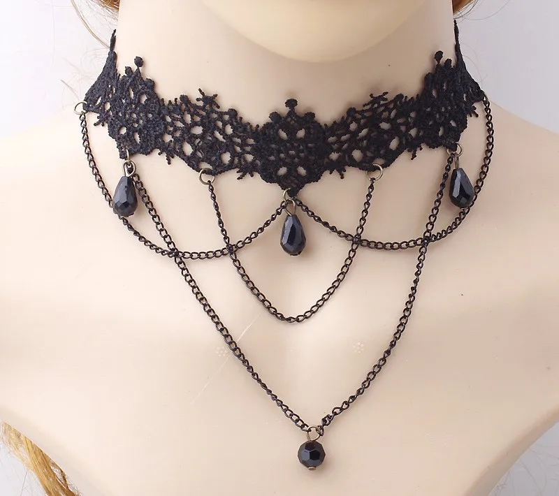 Модное готическое викторианское ожерелье с кристаллами и кисточкой, татуировка, колье, черный кружевной воротник, винтажное женское свадебное ювелирное изделие