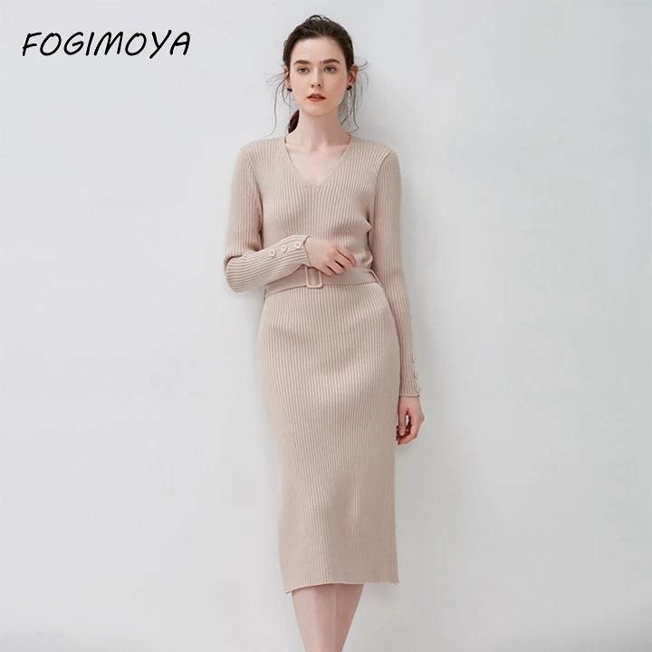 FOGIMOYA/платье свитер 2018 Осеннее Новое Женское трикотажное платье с v образным