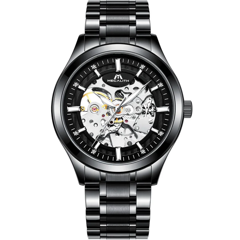 

MEGALITH Automatic Mechanical Mens Watch Fashion Skeleton Watches Waterproof Black Full Steel Sport Male Clock Relojes Masculino