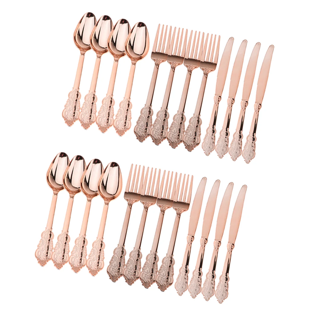 24 Pieces Disposable Plastic Forks Spoons Knifes Party Decorations Rose Gold