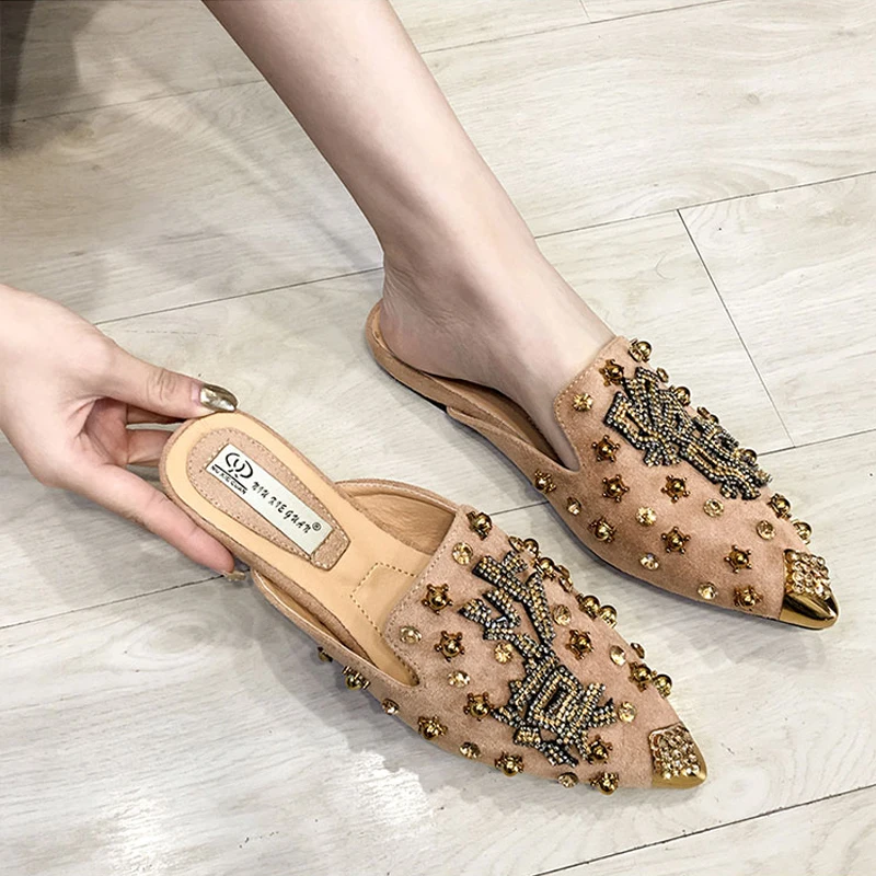 Wellwalk/женские сабо; роскошные женские шлепанцы на плоской подошве с острым носком; женские лоферы без застежки с украшением в виде кристаллов и металла