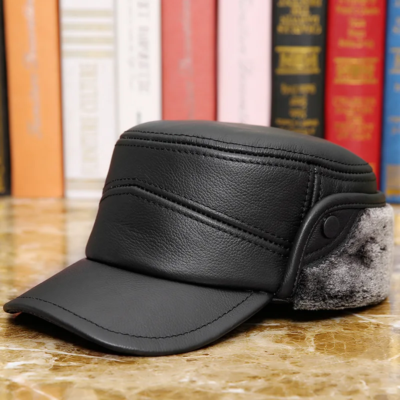 

Middle Age Elderly Men Leather Hat Warm Ears Protection Fall Winter Fashion Flat Top Cap Male Outdoor Cowhide Hats 2 Color H7005