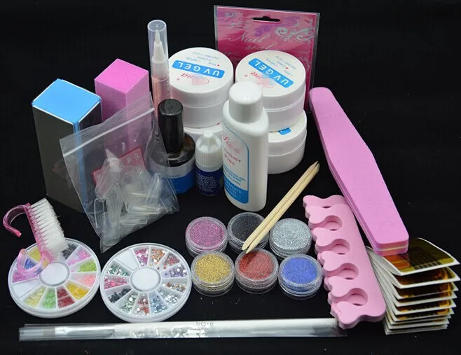 

Professional Full Set UV Gel Kit Nail Art Set + 6 Powders Glues FILE BLOCKS Primer Tips tools