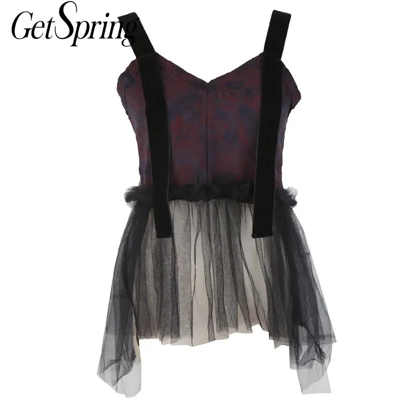 

GETSRING Women Tank Top V Neck Hollow Out Backless Top Ribbon Transparent Mesh Stitching Dark Purple Top Sexy Summer Camis 2019