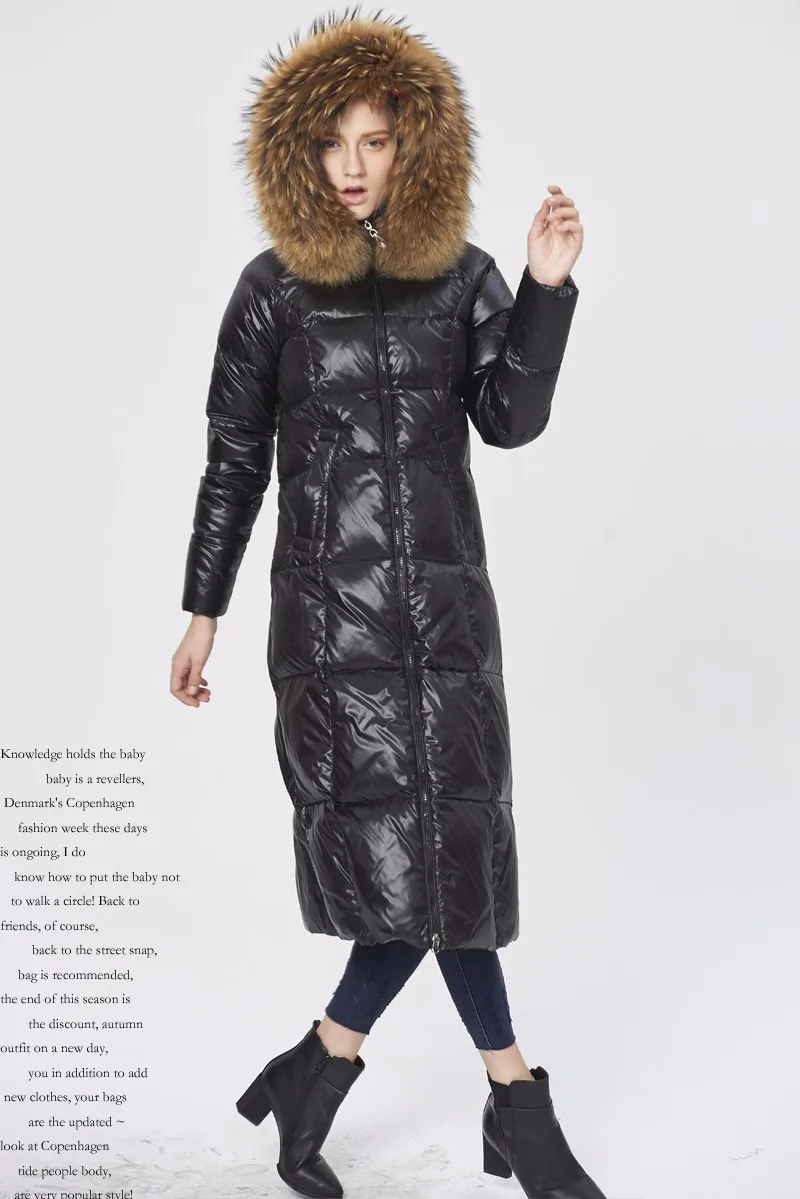 Высококачественная Роскошная зимняя куртка года, женская теплая Толстая парка с белым утиным пухом, пуховик с воротником из натурального меха енота, Женское пальто