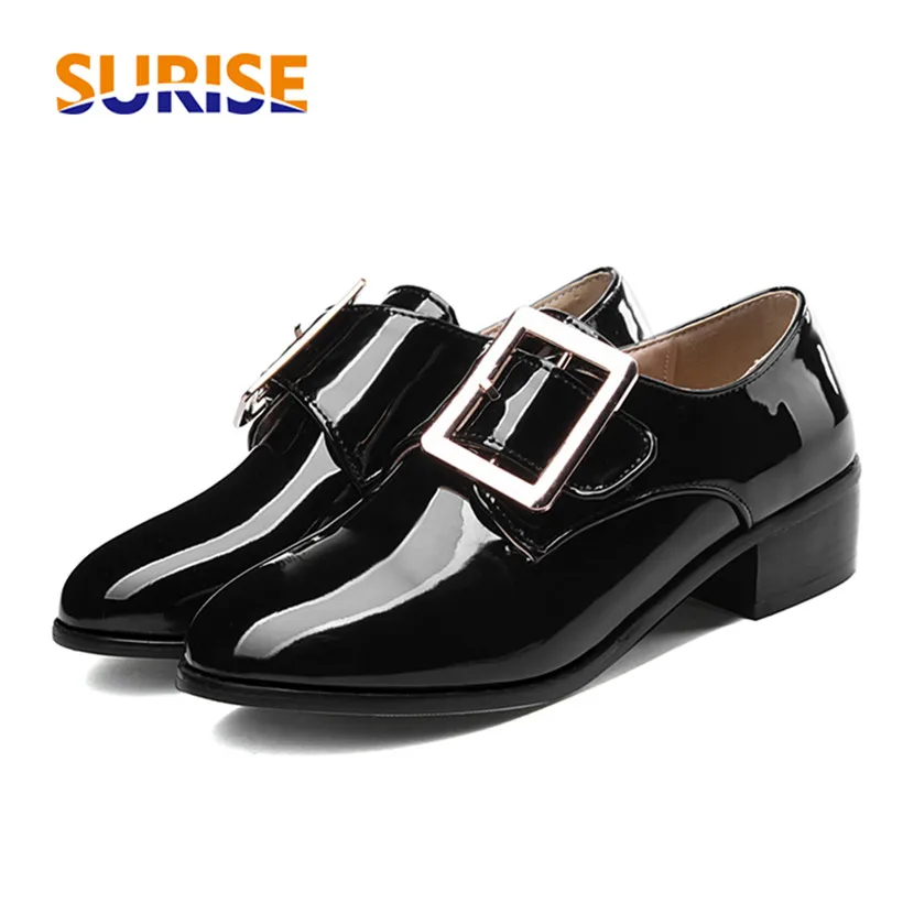 

Big Size Women Pumps Patent Leather Round Toe Medium Block Heel Oxford Casual Lady Slip-on British Buckle Strap Monk Dress Shoes
