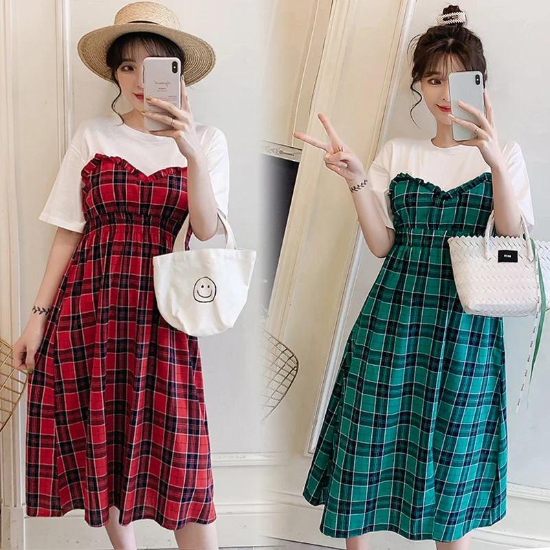 Летние Новые клетчатые платья для беременных модные свободные длинные платья для беременных Корейская удобная одежда для беременных женщин